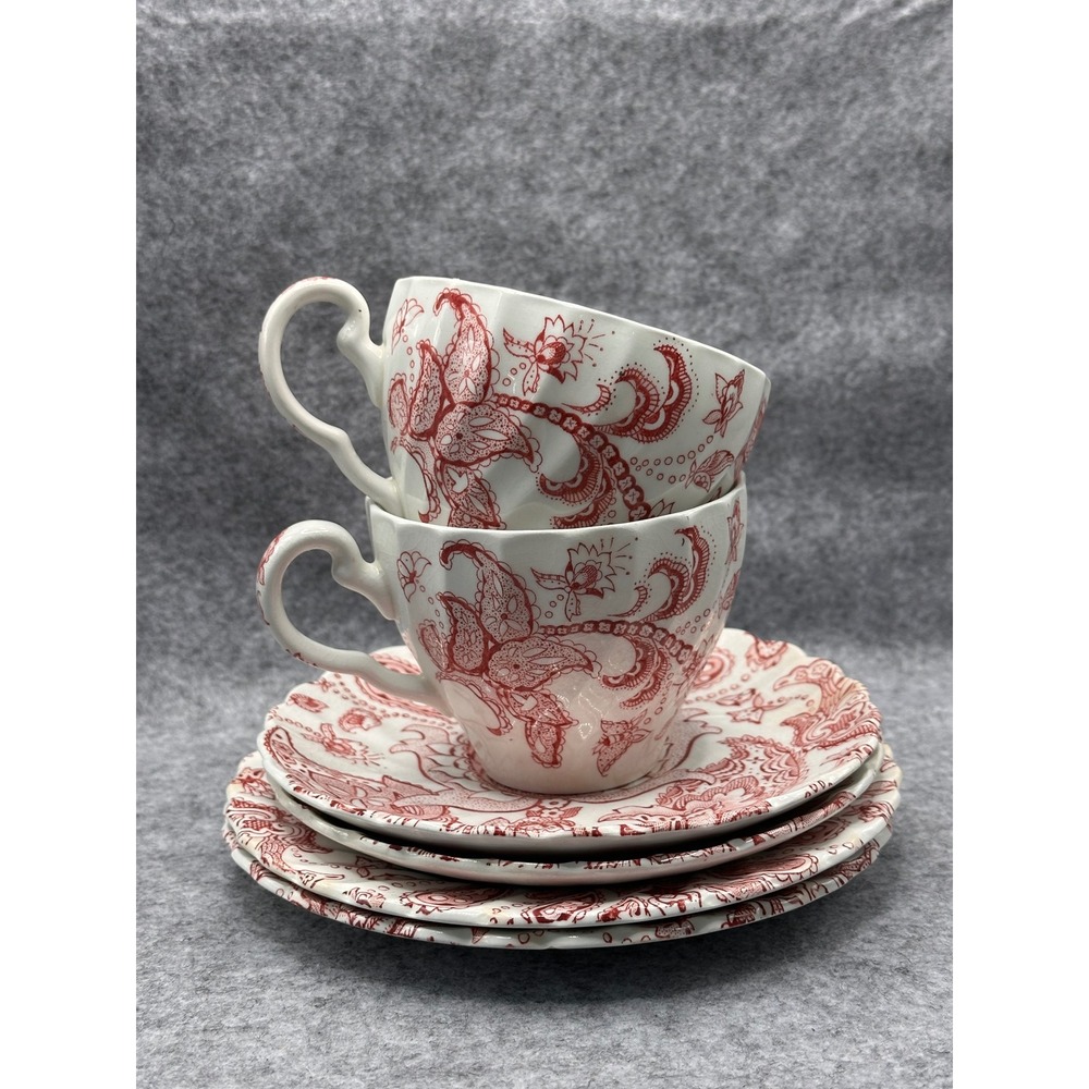 Johnson Bros Paisley Red Transferware Ironstone Tea Cups and Saucers Set of 5